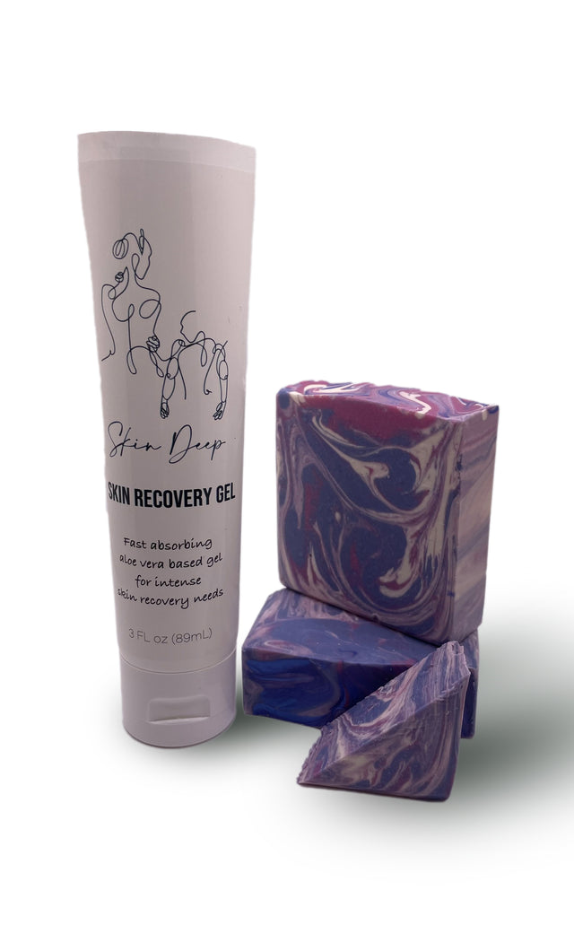 Skin recovery gel and Soap kit to lather and moisturize burnt, irritated recovering skin